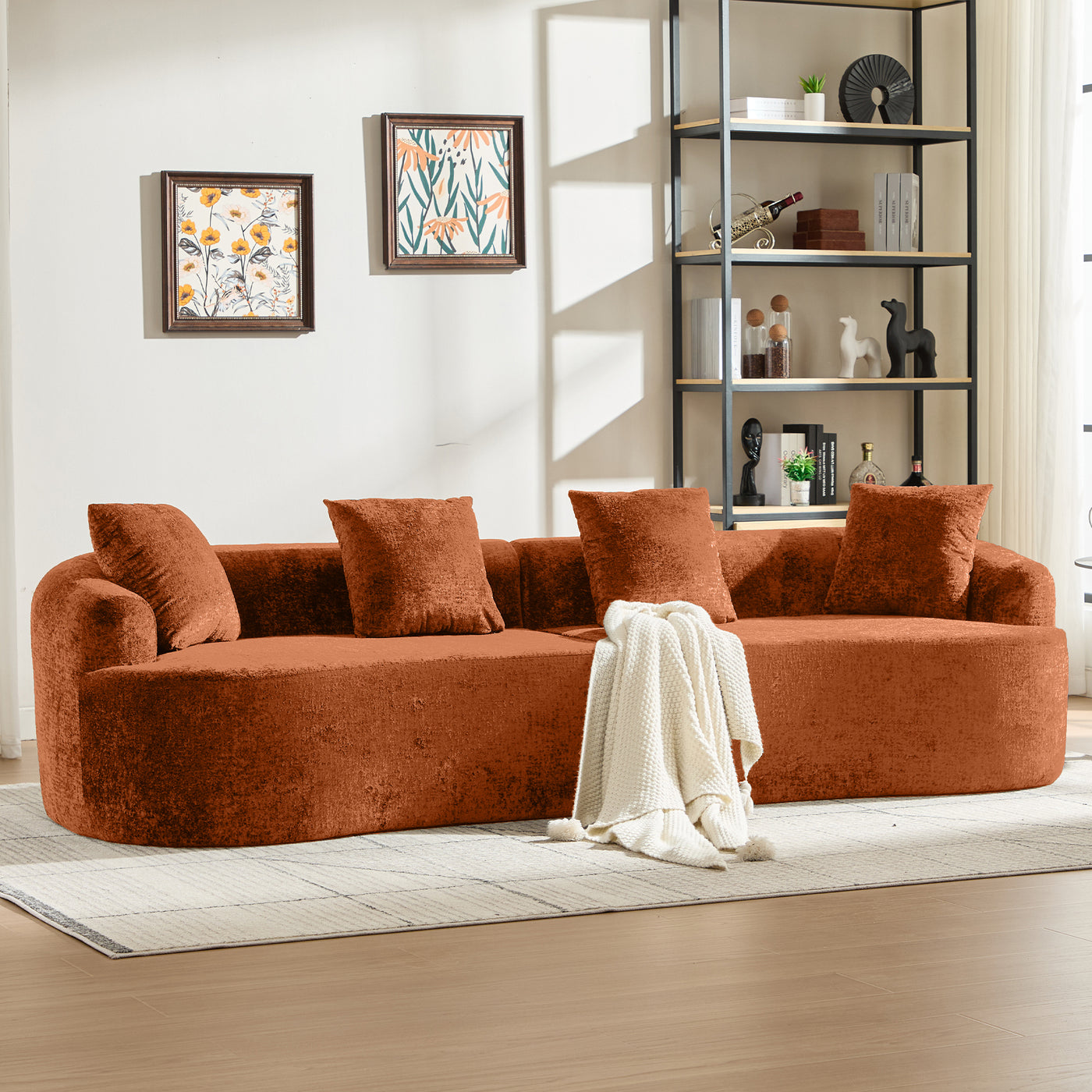 Curved Chenille Loveseat Sofa with Pillows, Deep Seat