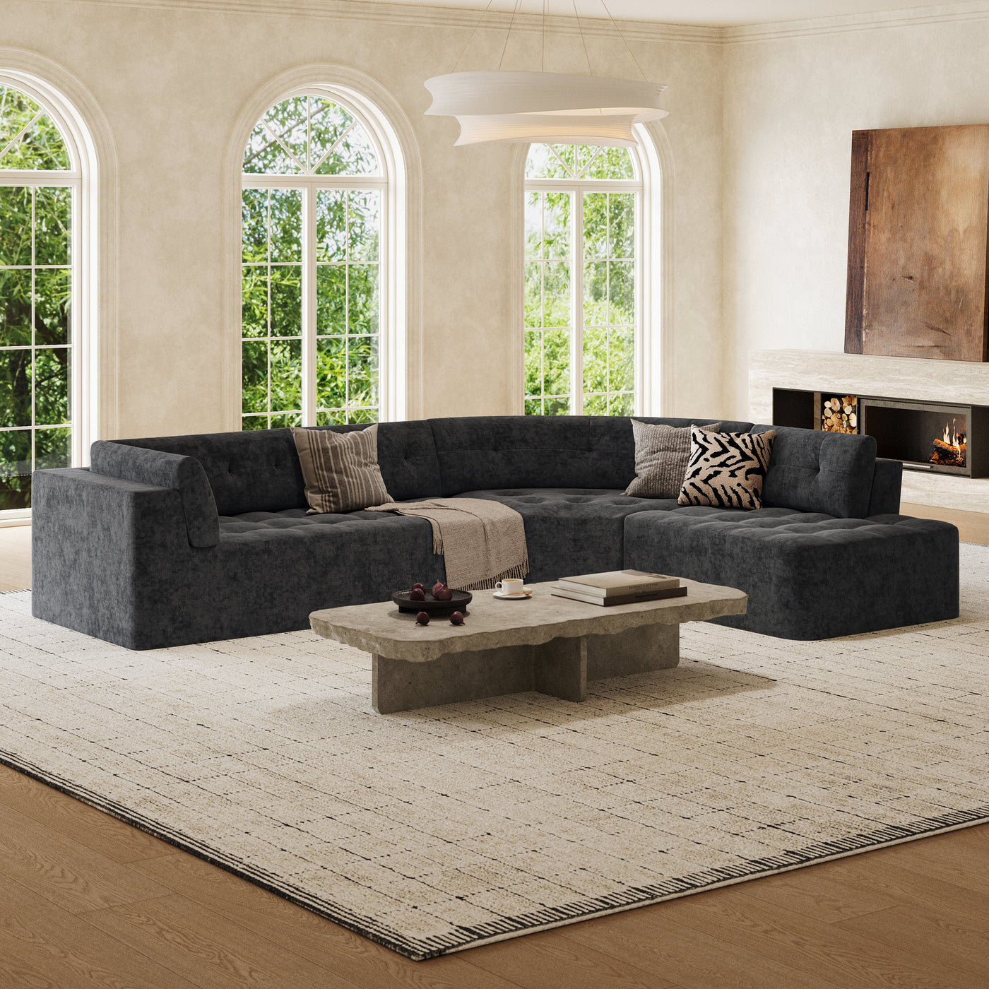 Sectional Sofa Curved L-Shape Chenille Gray 4 Seat 119 In Tufted