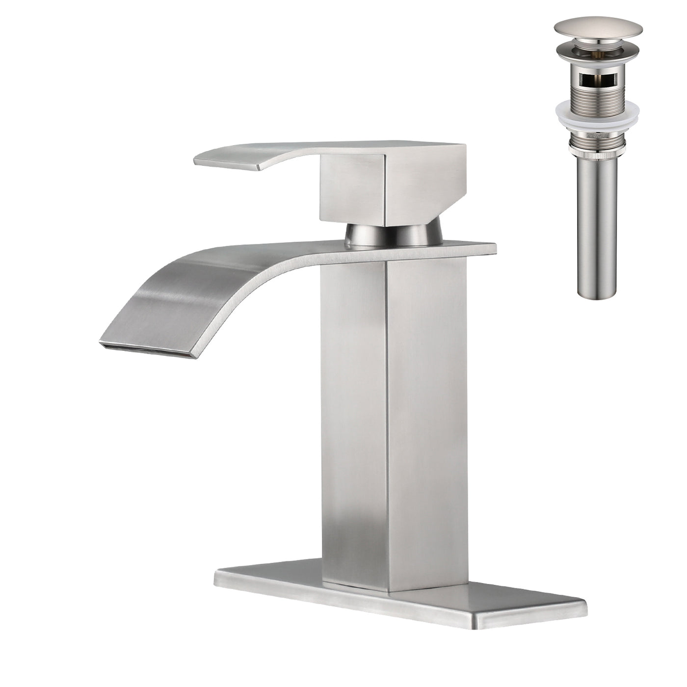 Waterfall Spout Single Handle Bathroom Sink Faucet with Pop-Up Drain