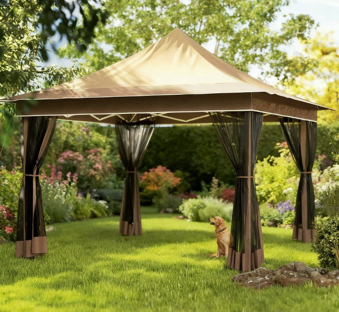 11.7x11.7 Ft Pop Up Canopy Tent With Mesh Netting For Garden Patio Easy Setup