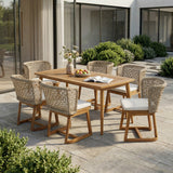 Outdoor Dining Set Acacia Wood Wicker Chair Teak Beige Cushion 7 Piece