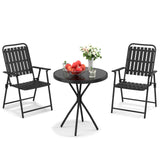 Outdoor Patio Set Metal WPC Black 3 Piece Folding Chairs Glass Table 350 LB