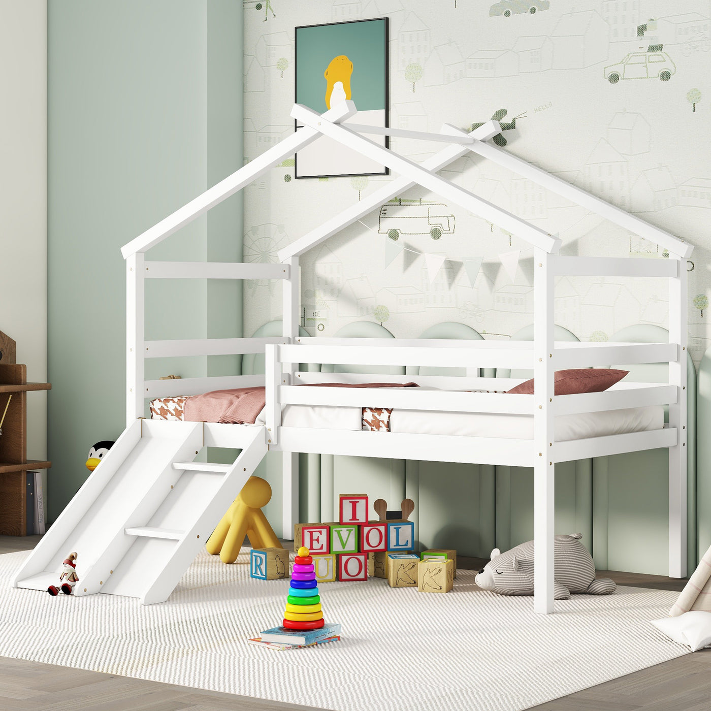Twin Low Loft House Bed with Slide, Ladder, Guardrails