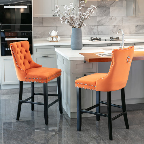 Velvet Upholstered Barstool Set of 2, Button Tufted, Chrome Nailhead, Orange