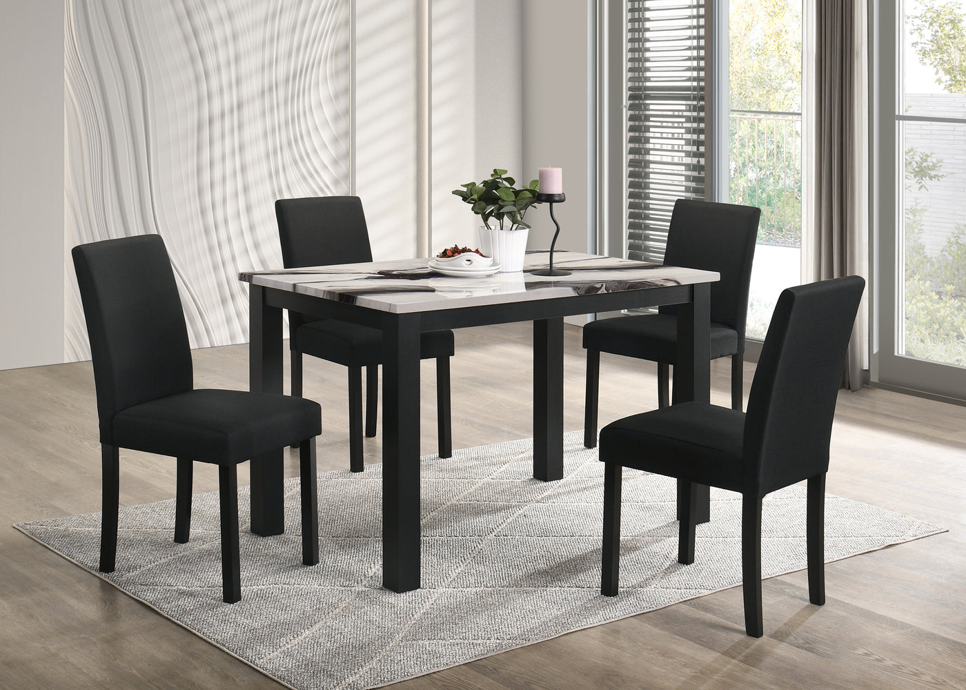 5 Piece Brown Faux Marble Dining Set Charcoal Upholstered