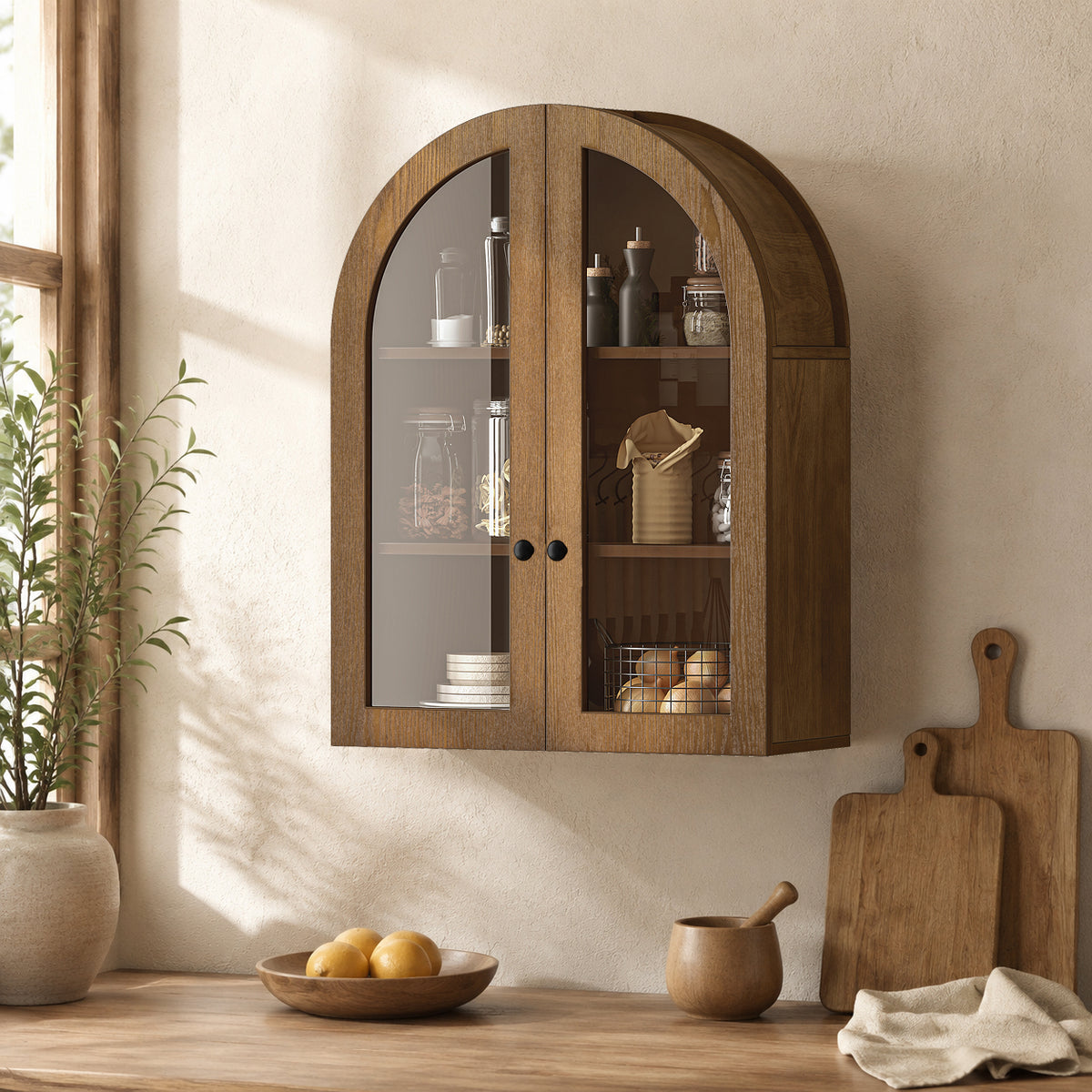 Arched Wall Mounted Cabinet, Wood Veneer Wall Storage Cabinet with Tempered Glas