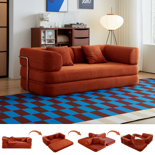 Sofa Bed Convertible 5-in-1 Corduroy Red Floor Steel Frame 74.8 In