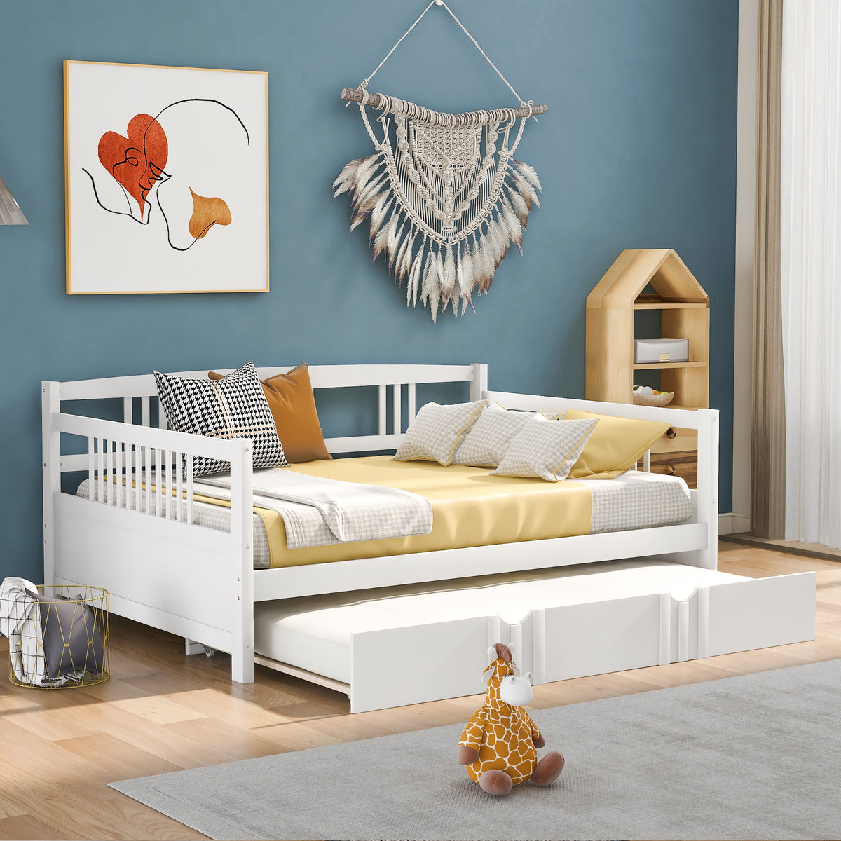 Full Solid Wood Trundle Bed White