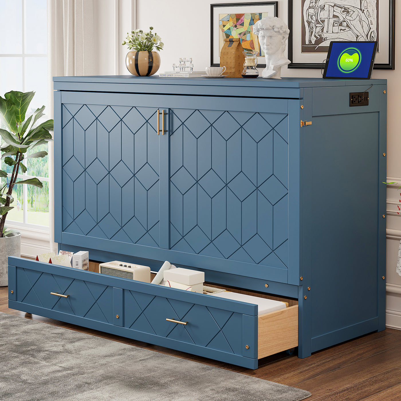 Queen Size Murphy Bed Wall Bed with drawer and a set of Sockets & USB Ports, Navy Blue