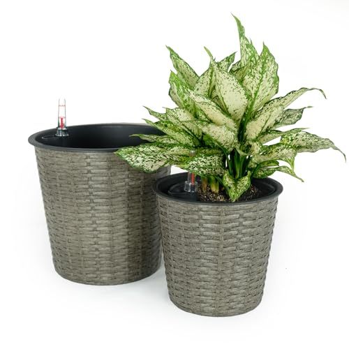 2-Pack Round Self-Watering Wicker Planter Grey Indoor Outdoor
