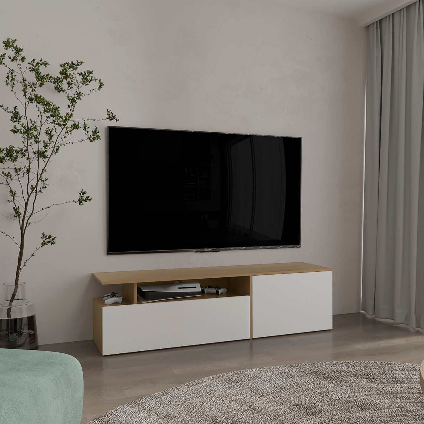 63" Floating TV Stand with Cabinets and Shelves, Natural Oak White