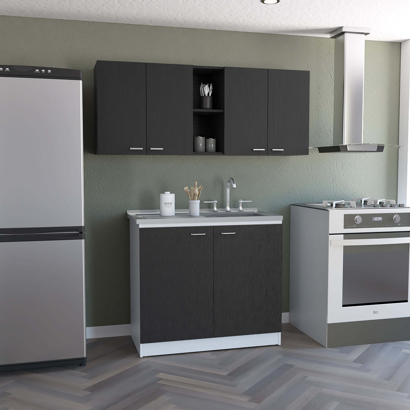 2 Piece Kitchen Cabinet Set 150W Wall Cabinet Utility Sink Black White