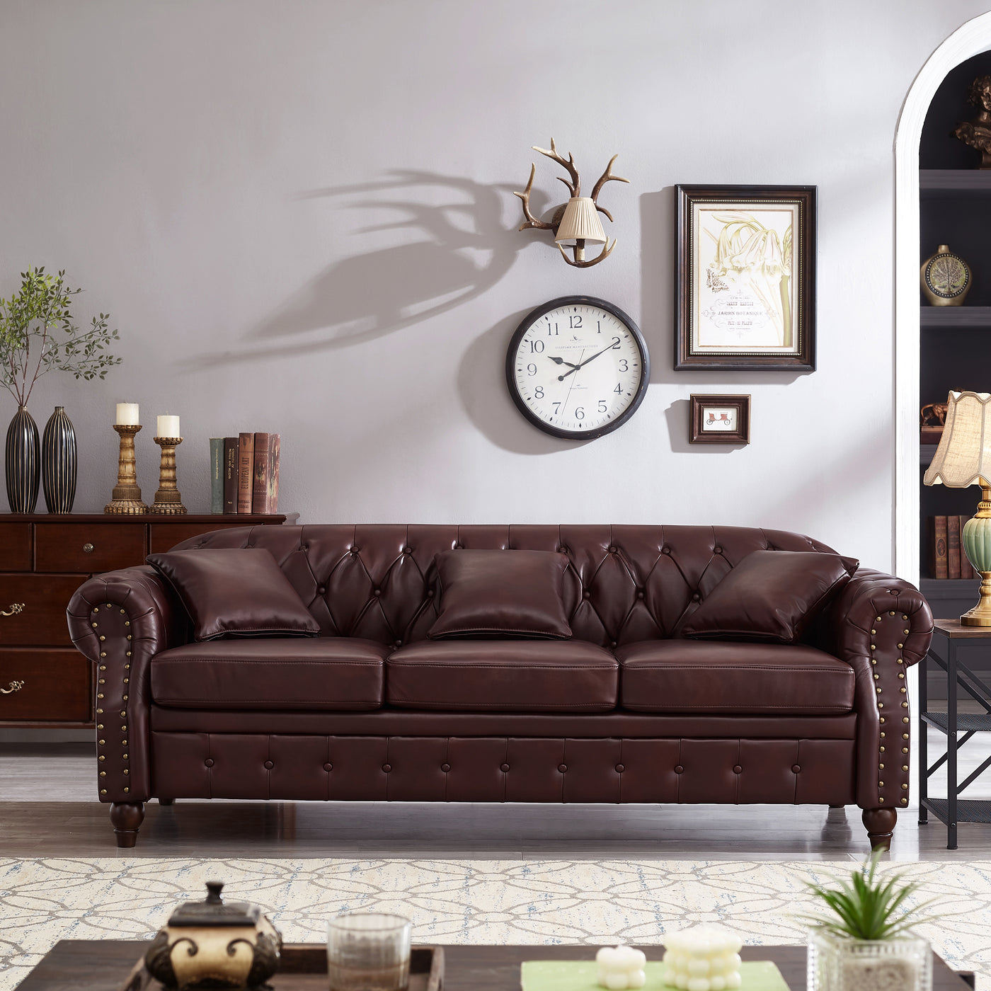 Chesterfield Sofa 85.8" Tufted Faux Leather Storage Burgundy