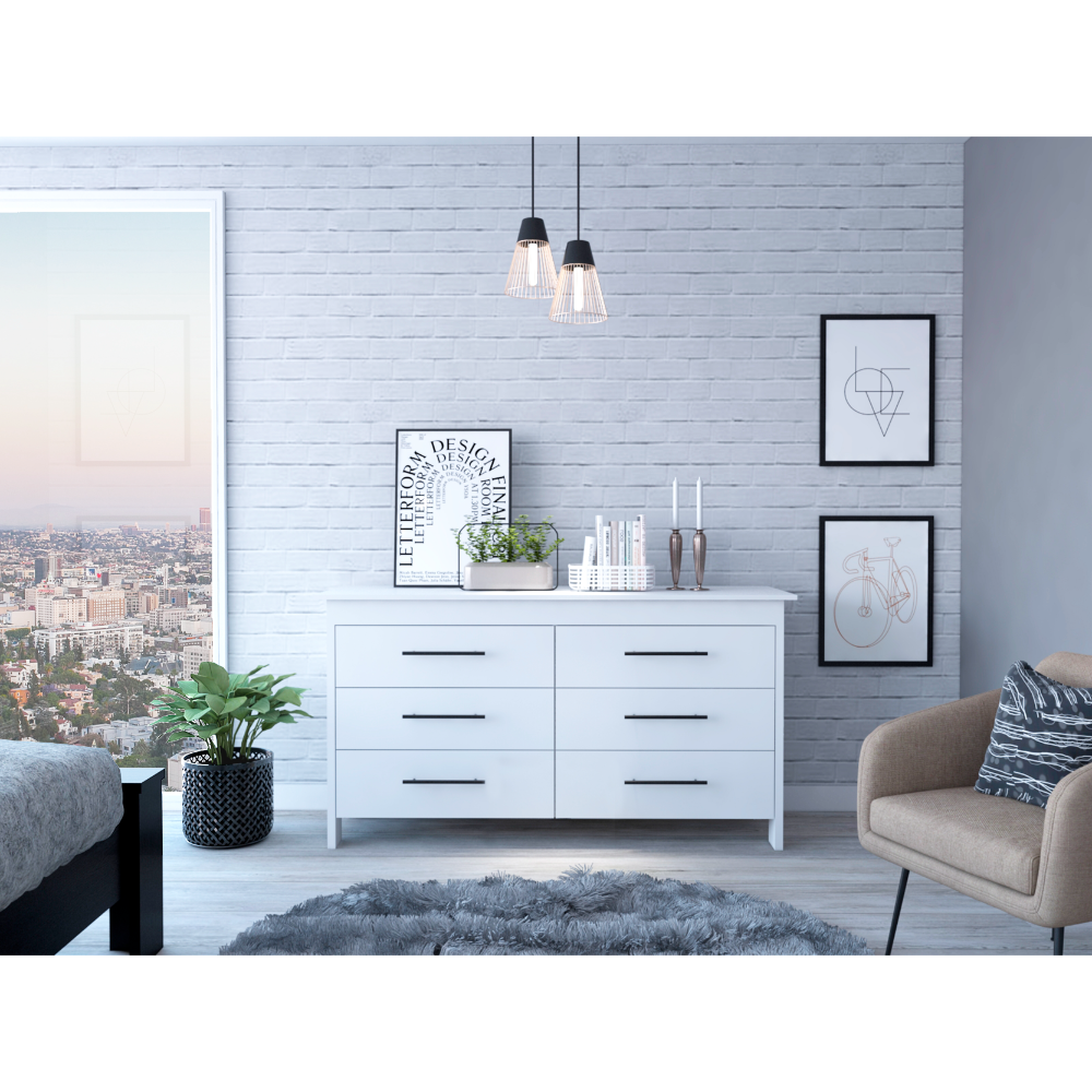 White 6 Drawer Double Dresser with Four Legs