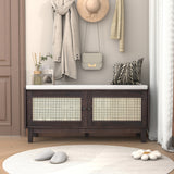 Boho Rattan Entryway Bench with Storage Doors