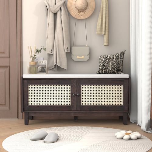 Boho Rattan Entryway Bench with Storage Doors