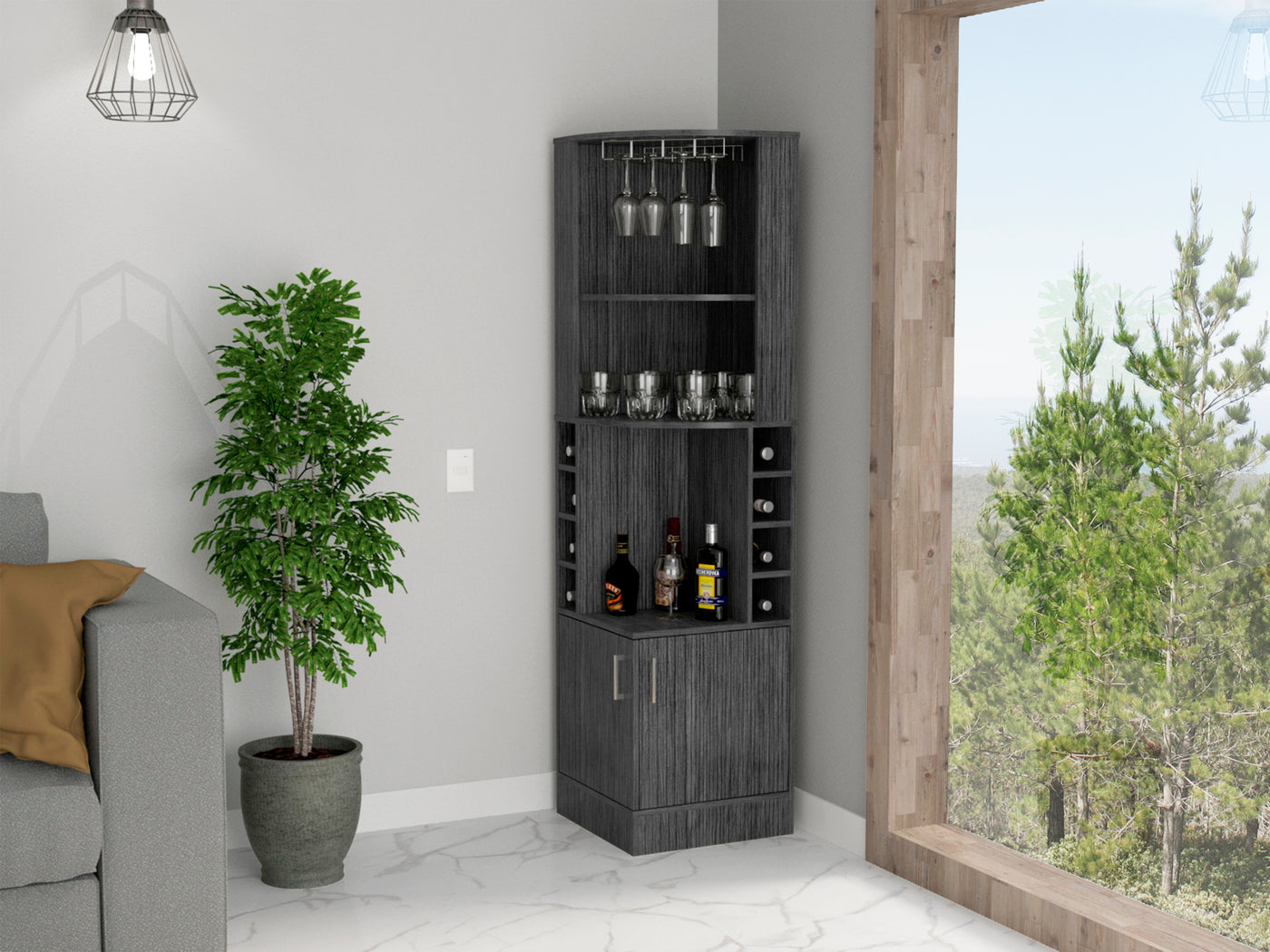 Syrah Corner Bar Cabinet Eight Bottle Smokey Oak