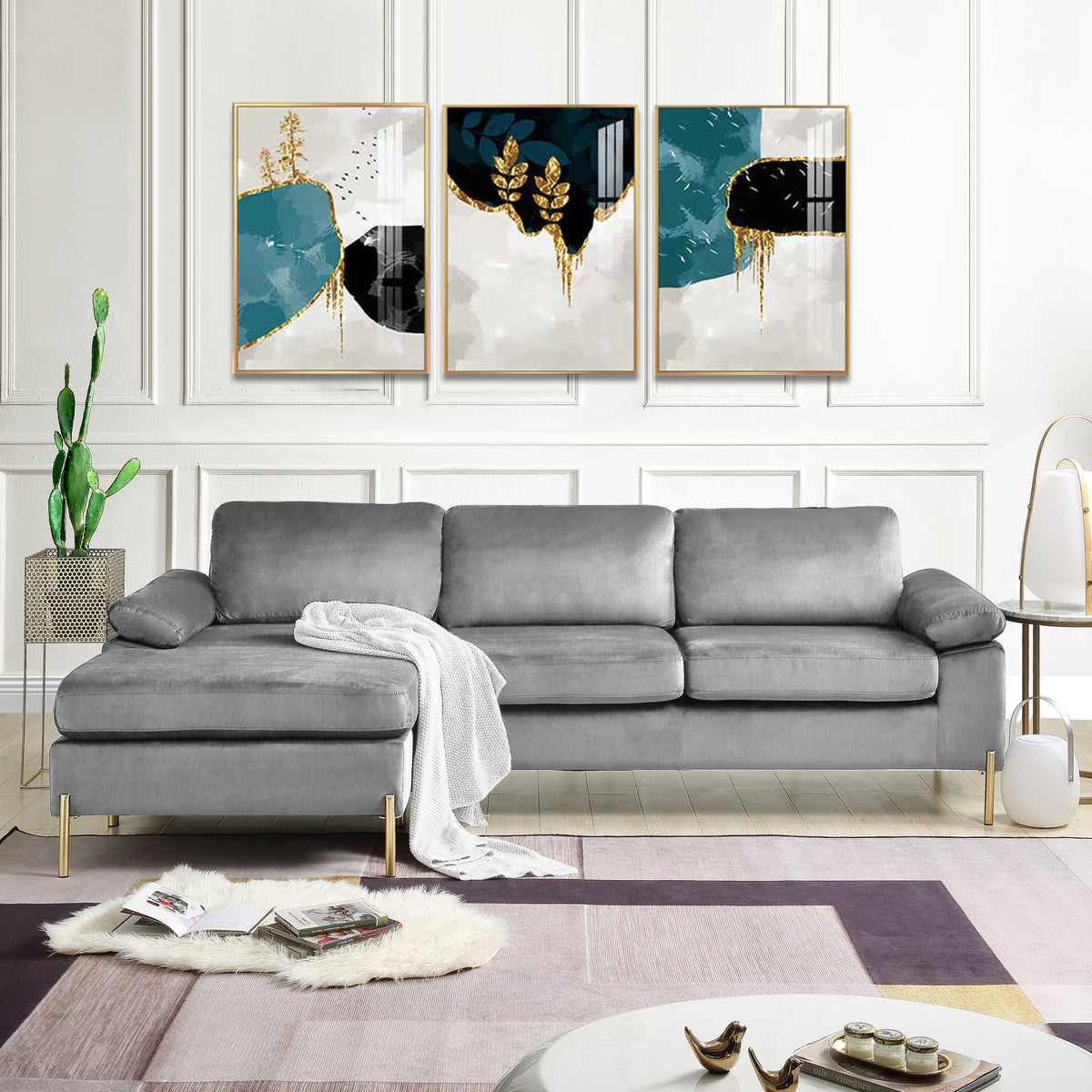 Velvet Chaise Sofa with Chaise Gray 101"