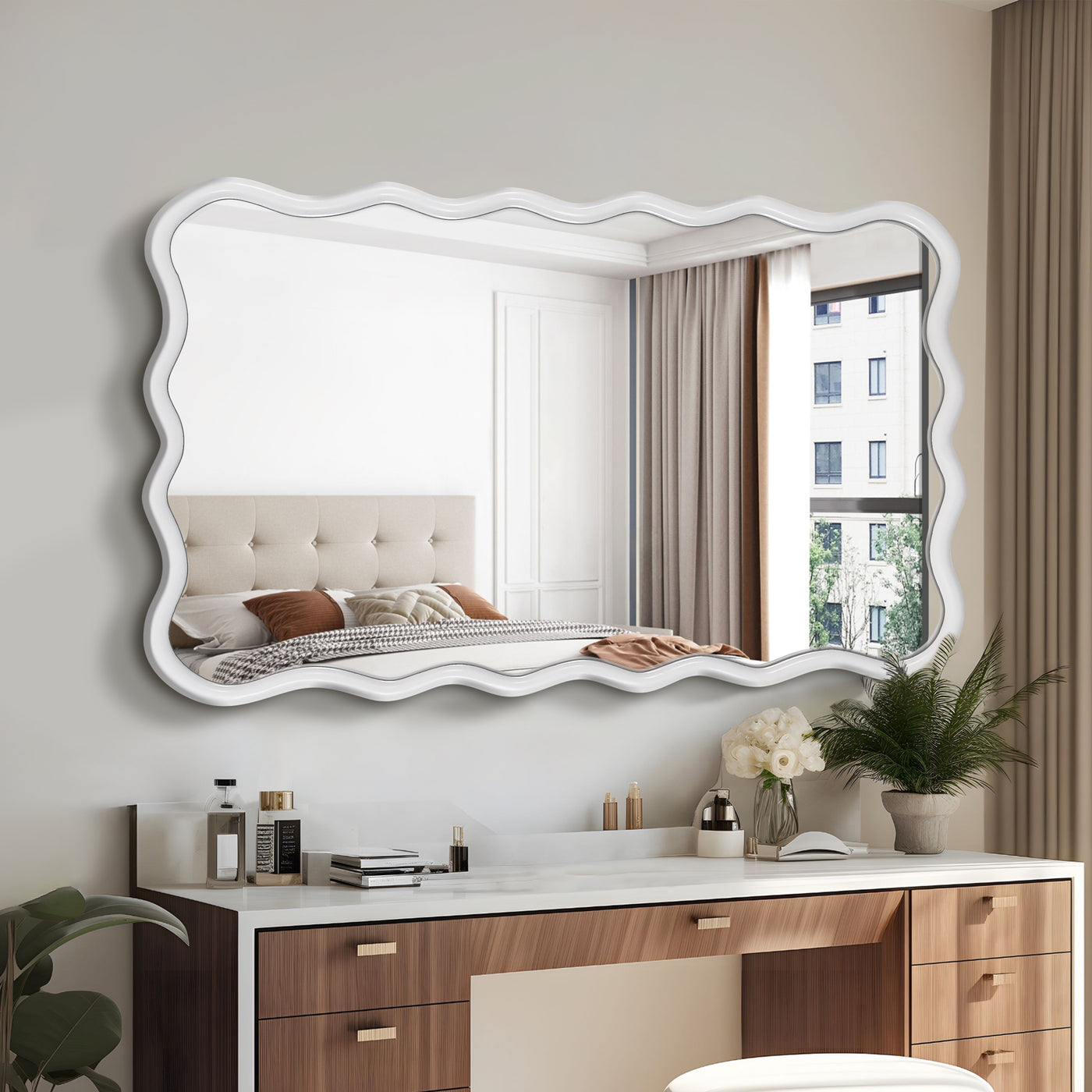 Solid Wood Wavy Rectangle Wall Mirror 40" x 28" Natural