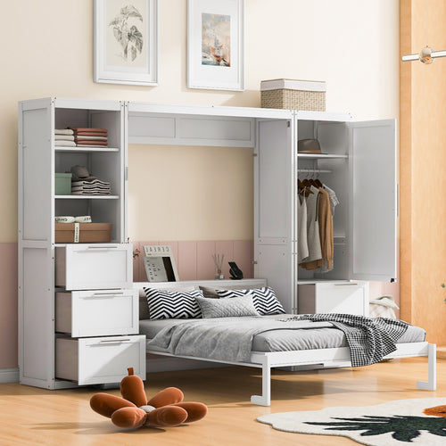 Queen Size Murphy Bed Wall Bed with Closet ,Drawers and Shelves,White(OLD SKU :LP000865AAK-1)