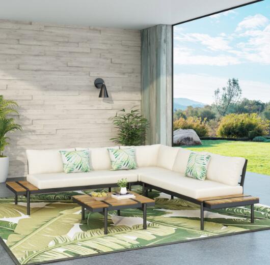 Outdoor Sectional Set Acacia Wood Iron Cream Cushion 4 Piece Seats 5