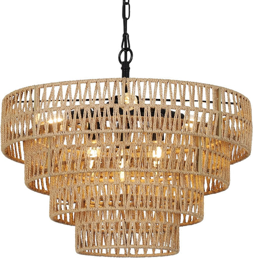 6-Light Boho Rattan Wicker Chandelier, 20" Farmhouse Pendant