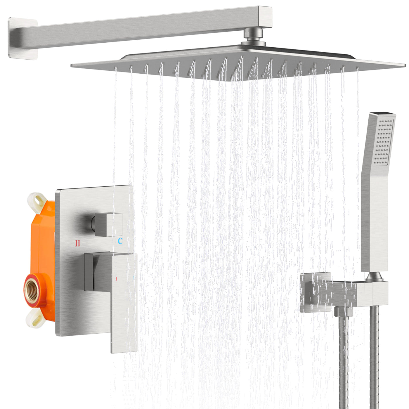 12" Rainfall Shower Head Wall Mounted Faucet Combo Brushed Nickel