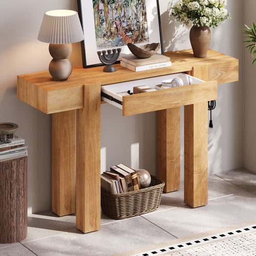 Rustic Console Table, Hidden Drawer, Side Power Outlet, Entryway Table, Natural