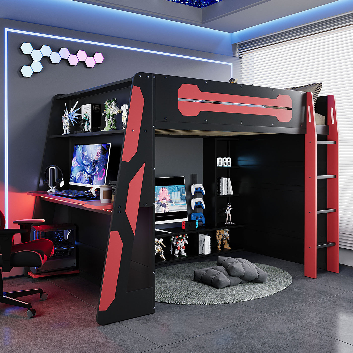 Full Size Wood Loft Bed with Desk, Multi-storage Shelves and RGB Light, Red