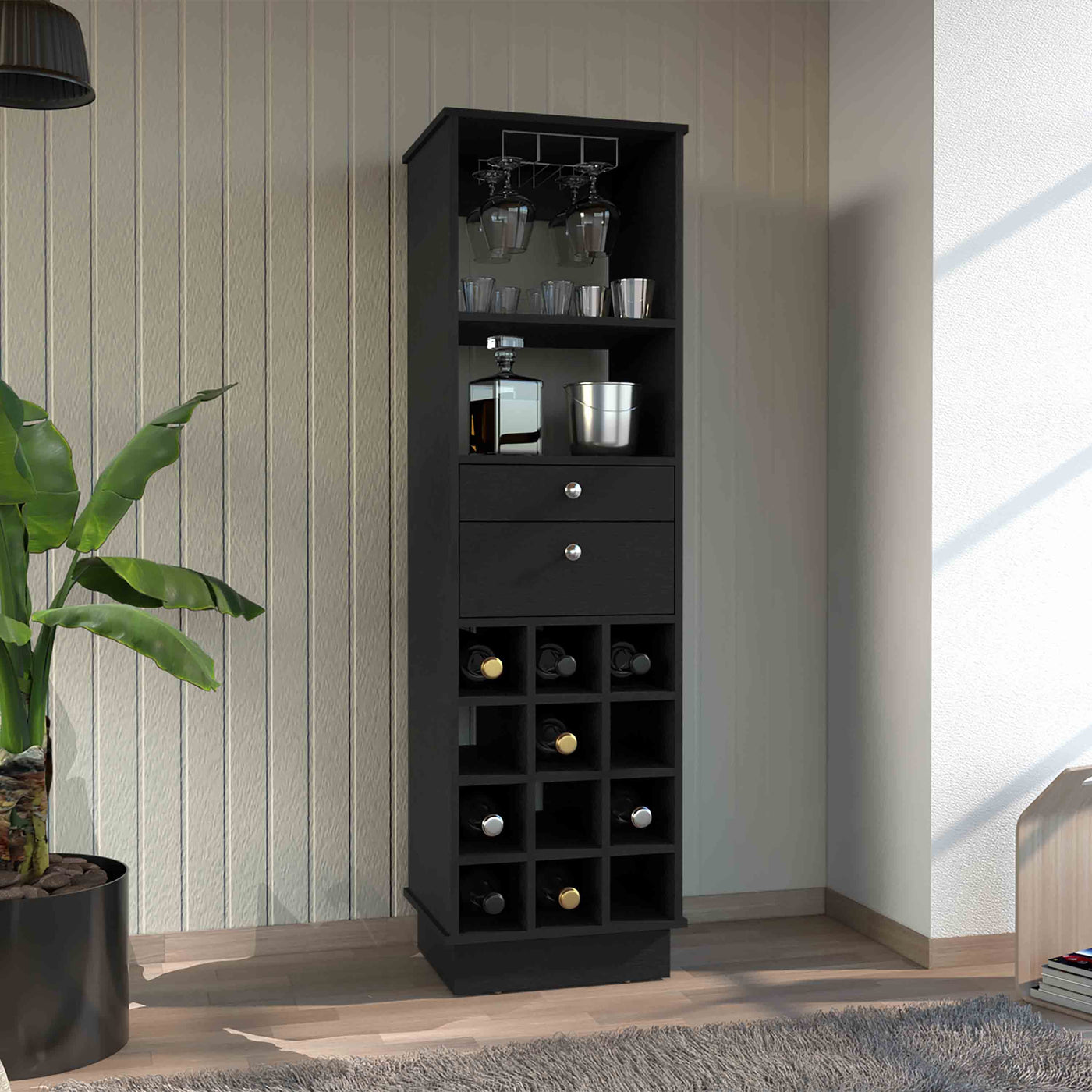 Black Bar Cabinet with Wine Rack and 2 Drawers
