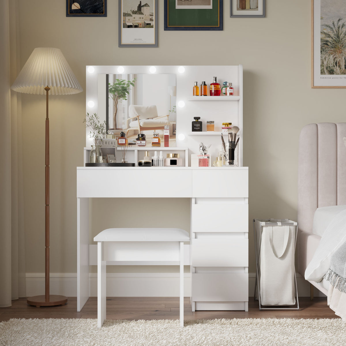 Vanity, Makeup Vanity Desk Set with Mirror & Light, Dressing Table Storage Lots