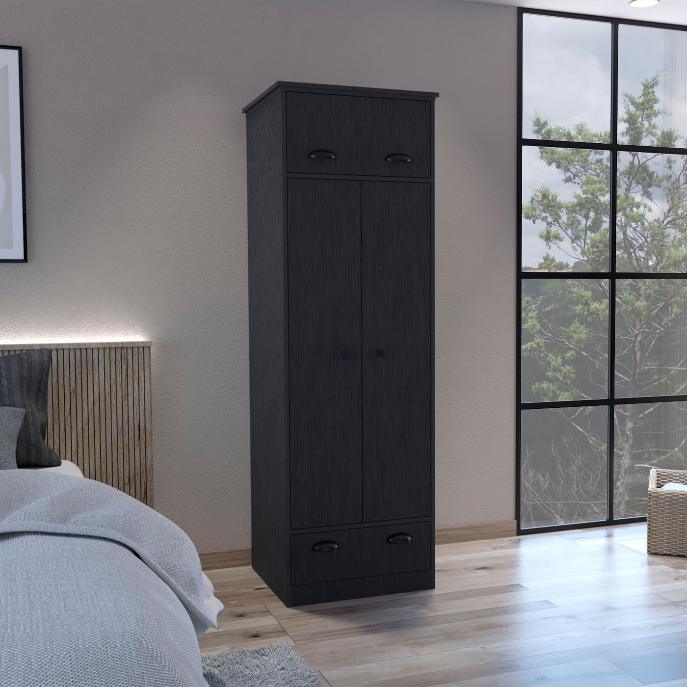 Black Armoire with 1 Drawer and 1 Hinged Drawer