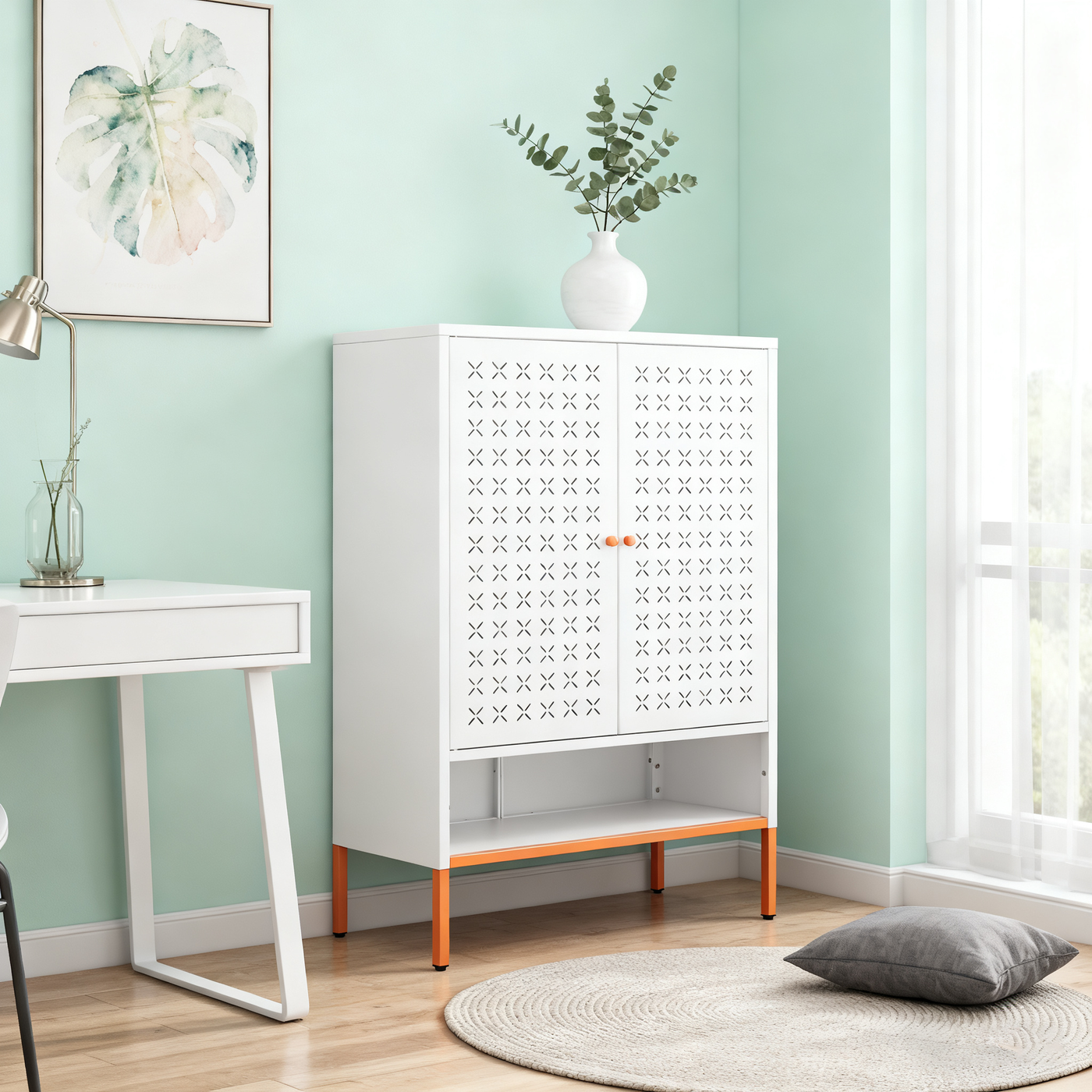White Metal Double Door Shoe Cabinet Adjustable Compartments
