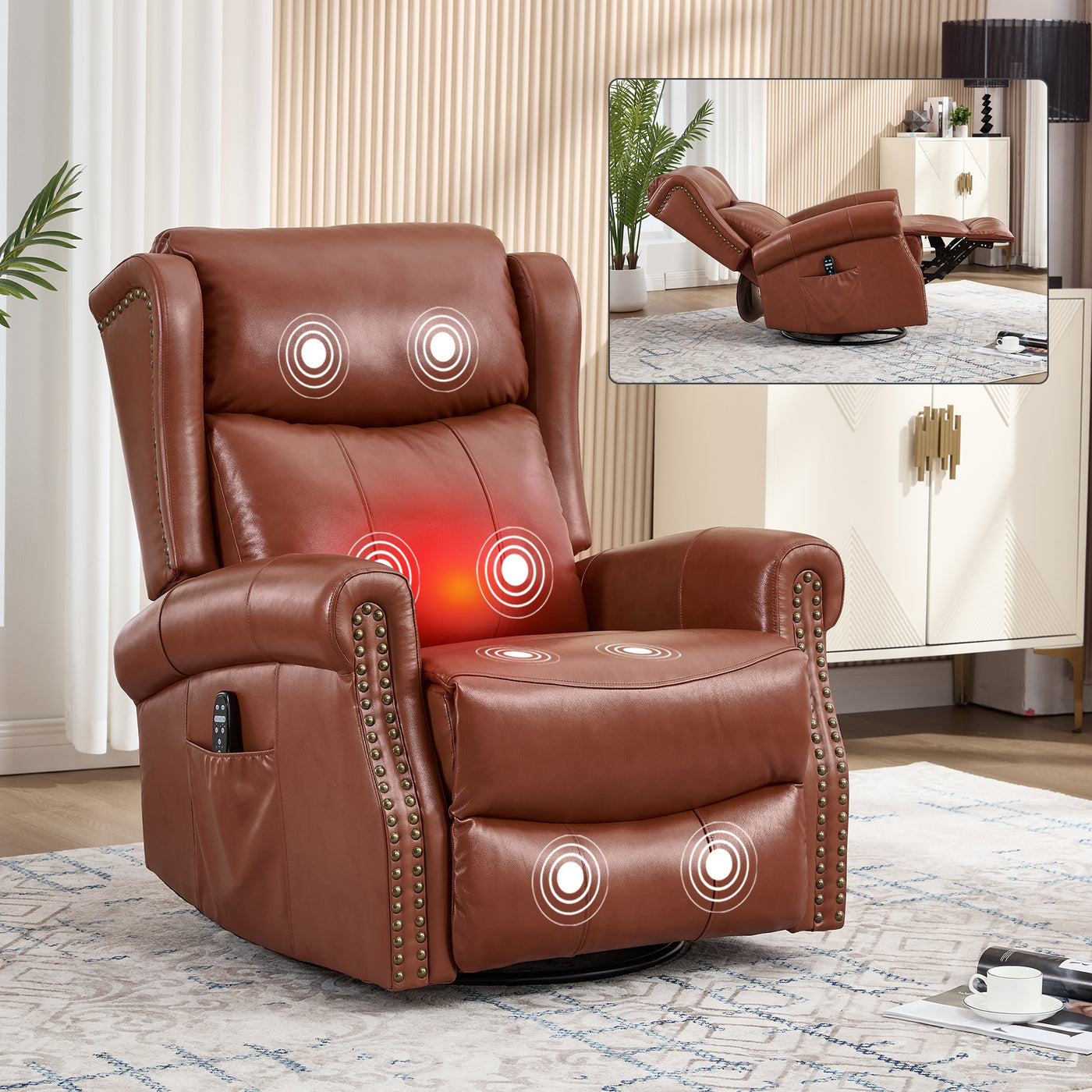 Red Leather Heat Massage Recliner Chair with Rocker