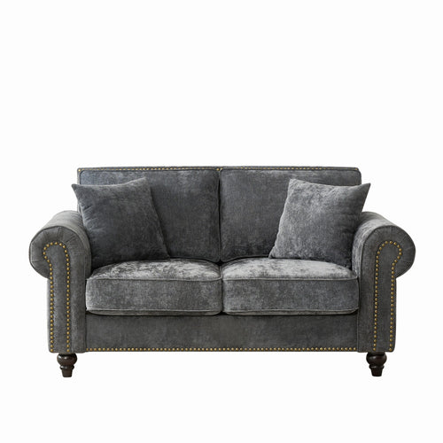 Modern 2-Seater Sofa with Rolled Arms, Gray Fabric, 63