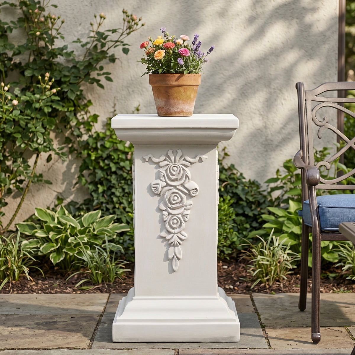 22.44'H Ornate Floral Pedestal Plant Stand, Antique White Finish MGO Decorative
