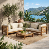 Outdoor Wooden Sectional Set with Beige Cushions