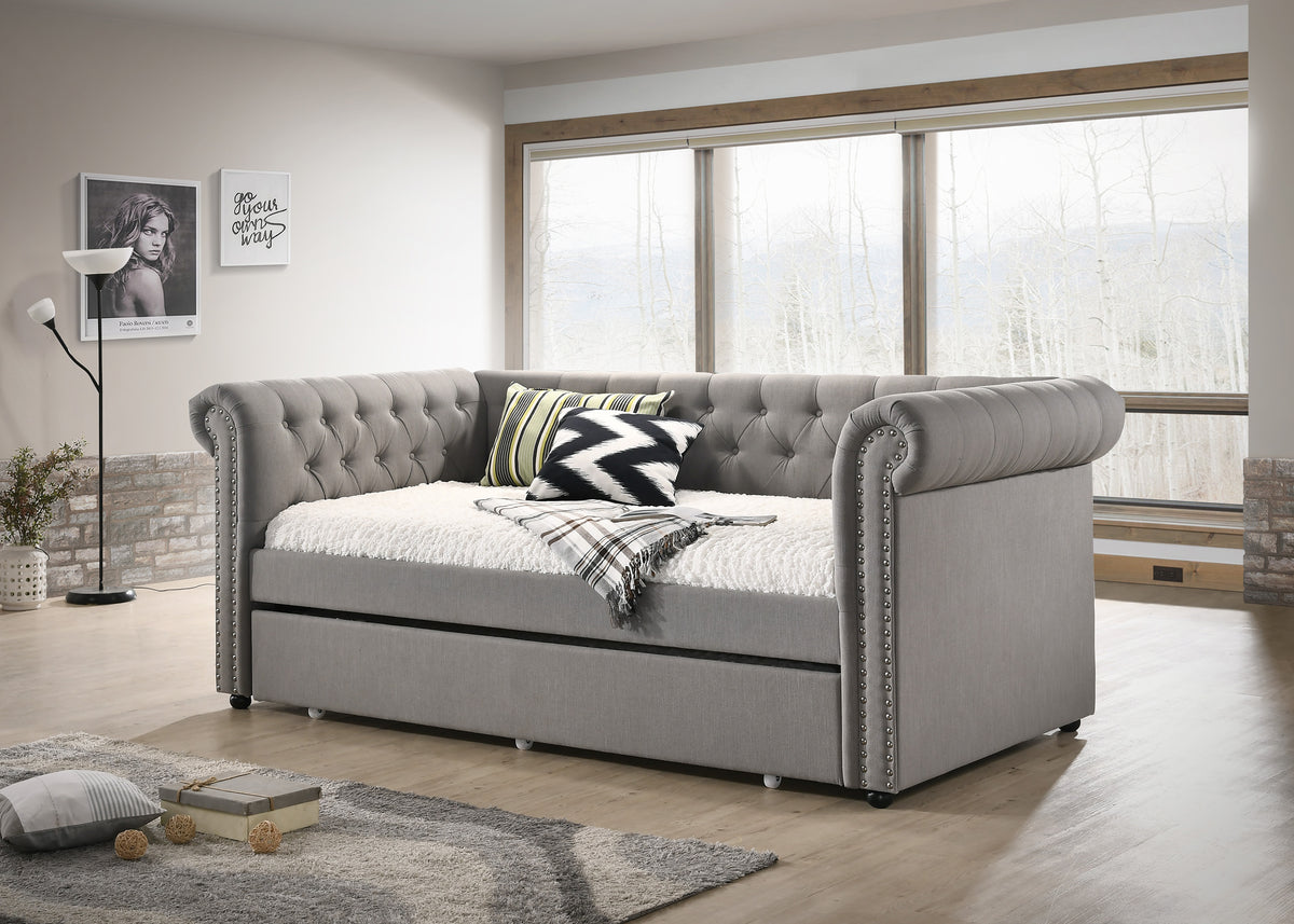 Daybed with Trundle Solid Wood Sleeper Tufted Gray