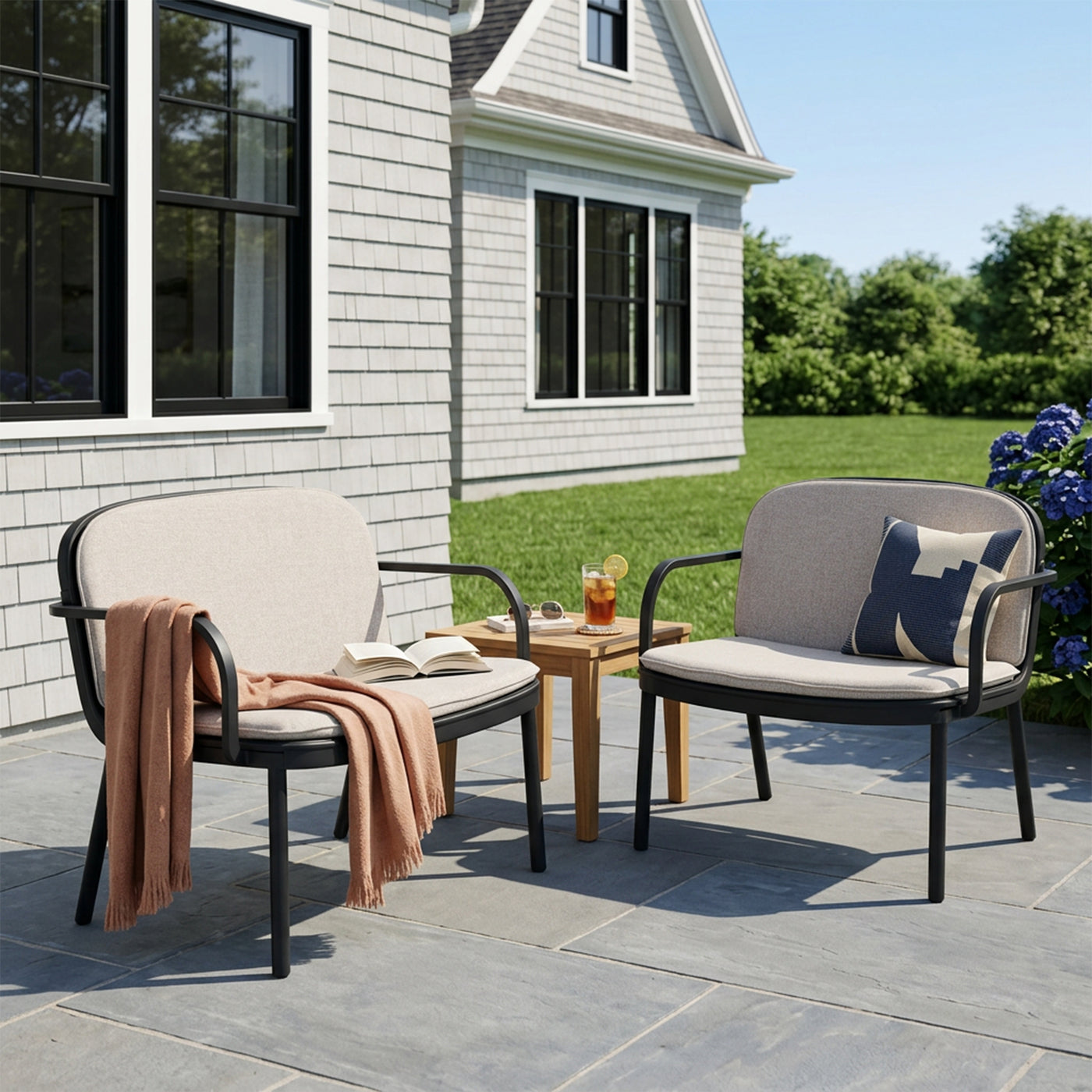 Luna Outdoor PP Club Chair, Black Frame with Beige Cushion, Set of 2