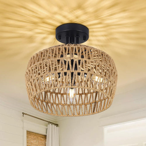 Rattan 3-Light Semi Flush Mount Boho Ceiling Fixture