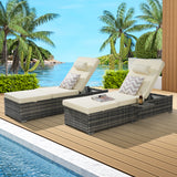 Outdoor Chaise Lounge Set PE Rattan Steel Beige Cushion 2 Piece 600 LB