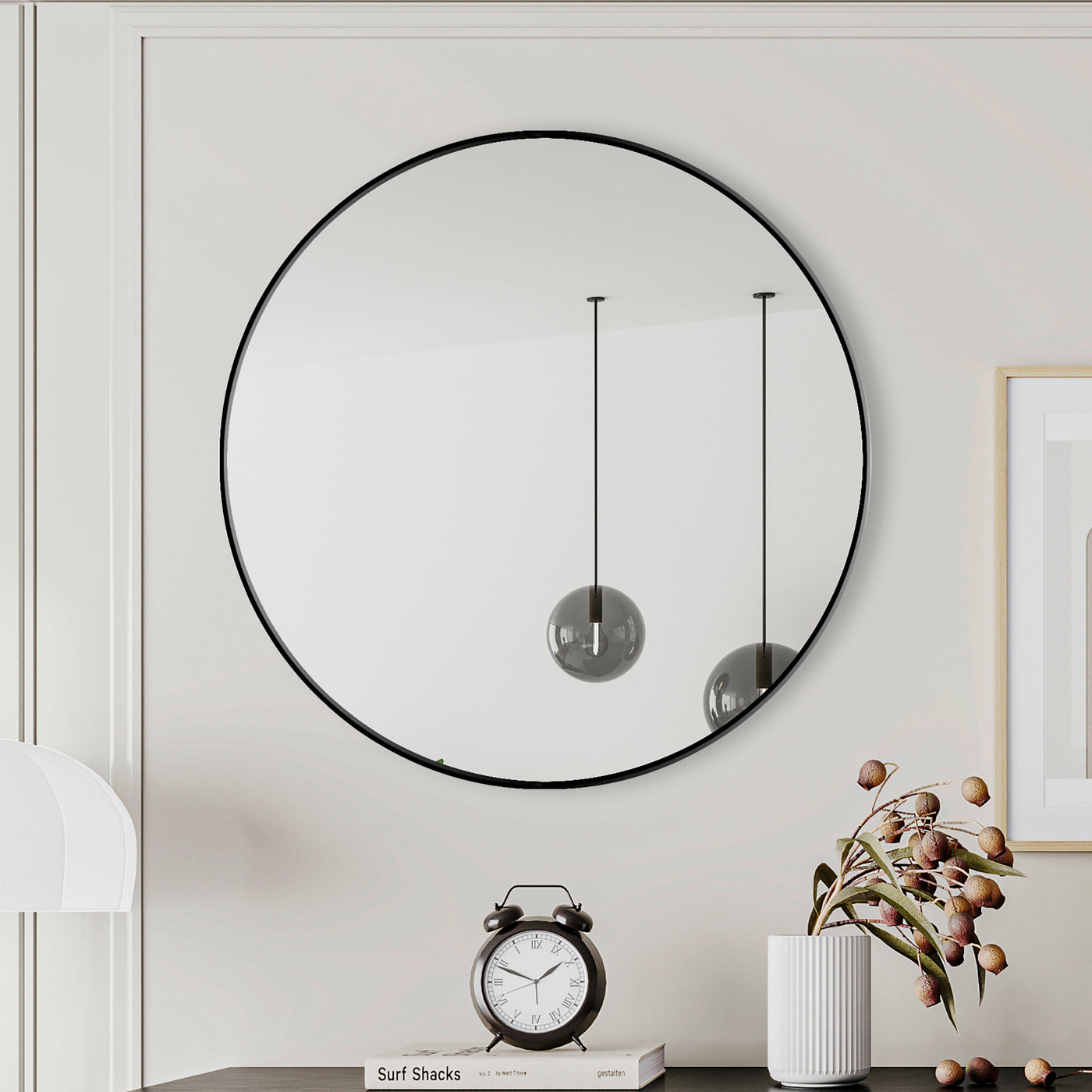 28" Black Round Metal Frame Wall Mirror