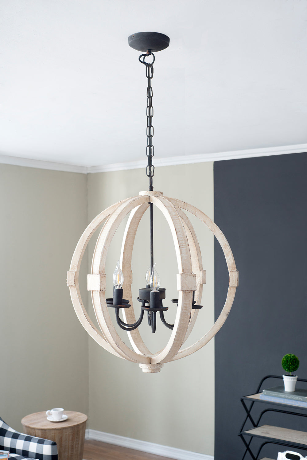 Chandelier 6-Light Wood Hanging Adjustable Chain Kitchen Dining Room