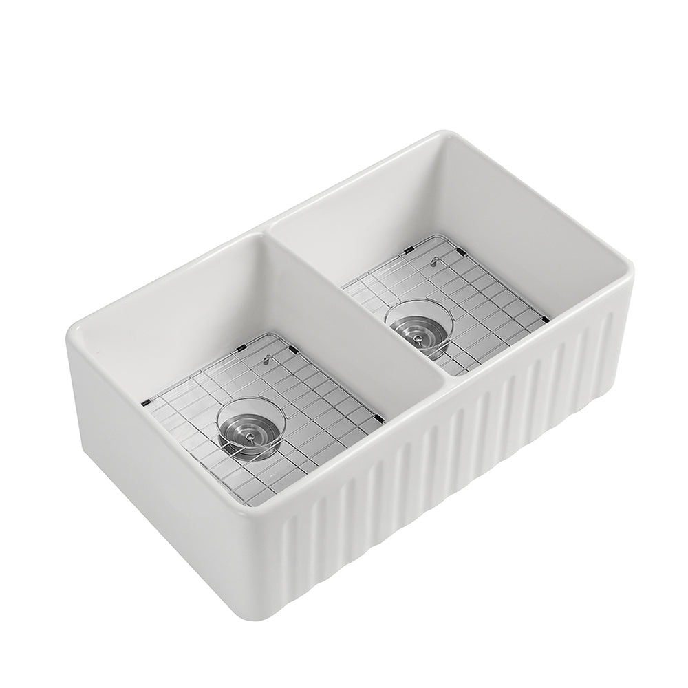 Fireclay Double Basin Farmhouse Kitchen Sink 33" x 20