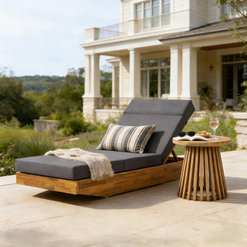 Outdoor Chaise Lounge Acacia Wood Teak Dark Gray Cushion Foldable 300 LB