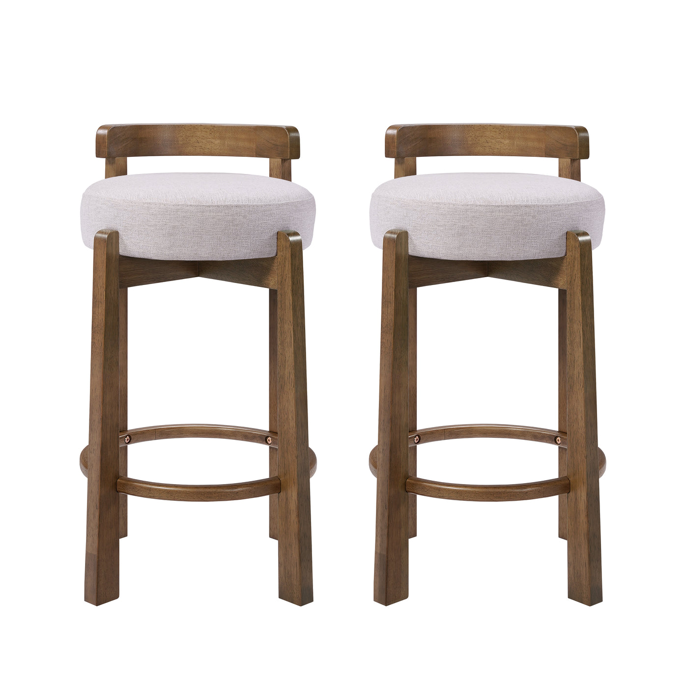 Elise Indoor Minimalist Rubber Wood Counter Height Bar Stool with Ring Footrest, Dark Walnut Finish with Ivory Upholstery, Set of 2
