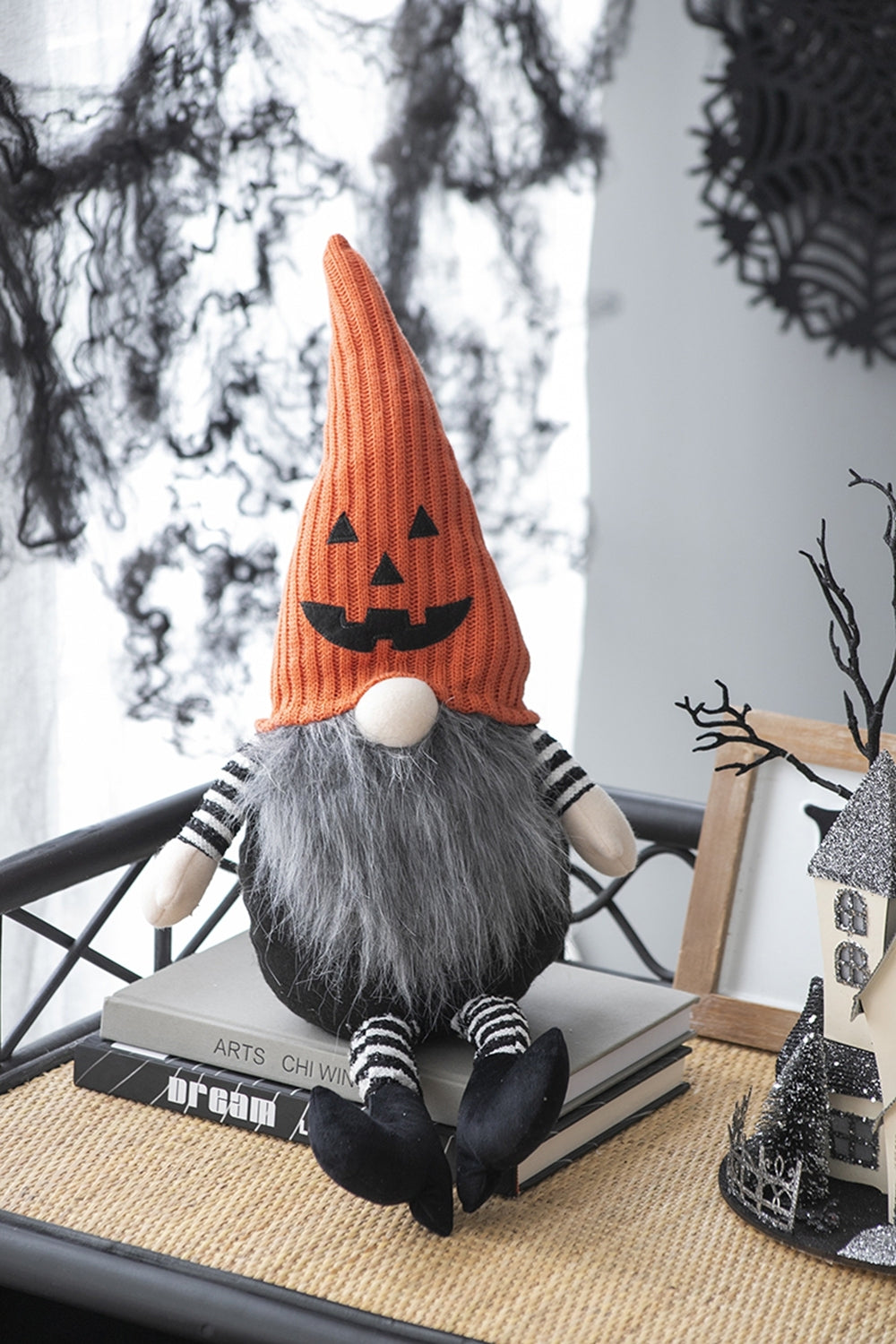 Set of 2, 8.3x4.7x23.5' Fabric Sitting Gnome with Orange Knit Hat, for Halloween