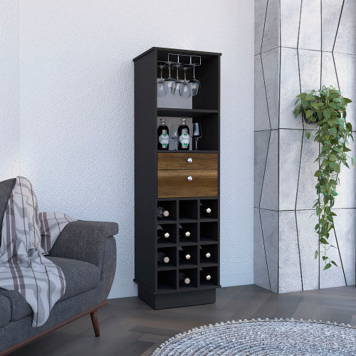 Bar Cabinet - 12-Bottle Wine Rack - Two Drawers - Black/Walnut