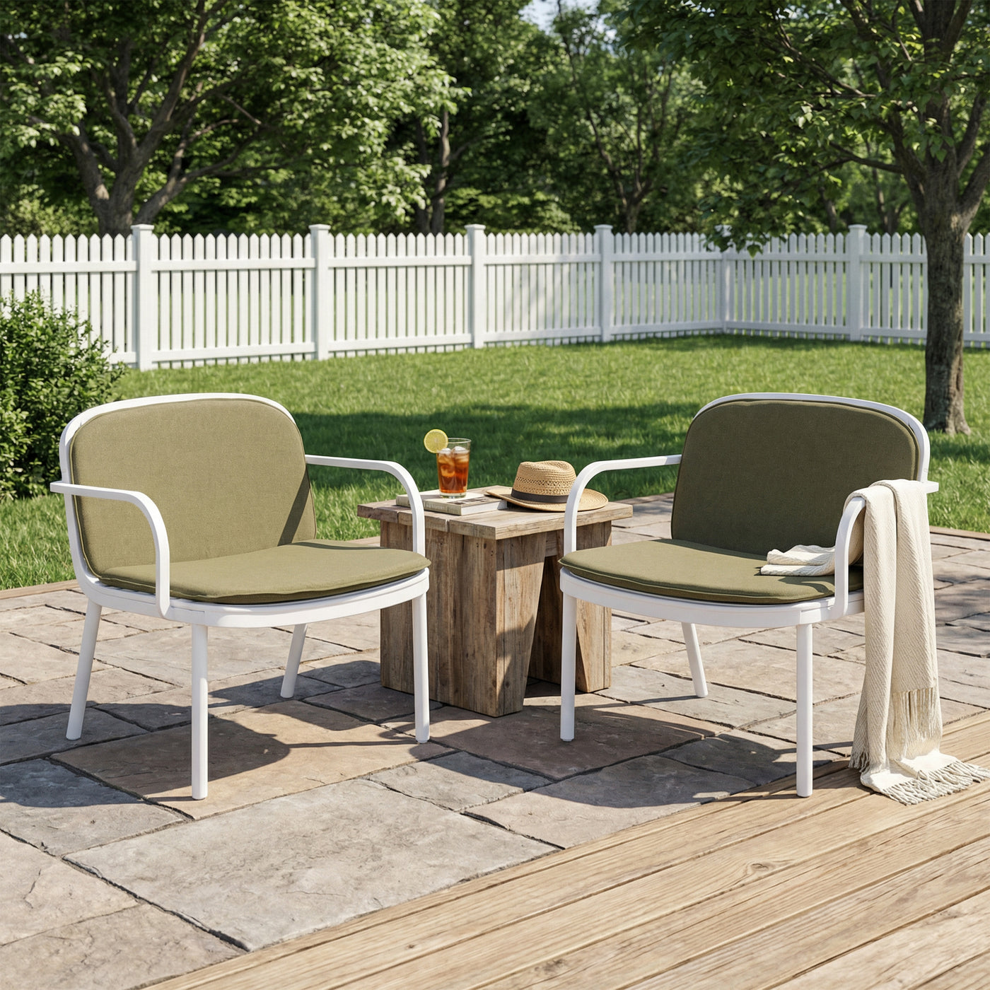 Luna Outdoor PP Club Chair Set - White Green Cushion