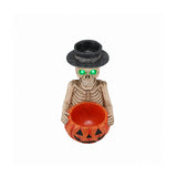 Halloween Skeleton Figurine with Pumpkin Candy Bowl & Candle Holder, Spooky Tabl